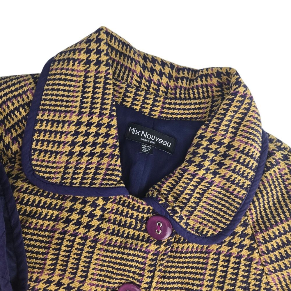 Mix Nouveau Womens Large Gold/Purple 2 Button Houndstooth‎ Long Sleeve Jacket